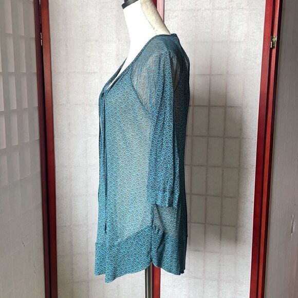 Anthropologie Weston Wear Blue & Grey Geometric Sheer Blouse (Small) - Picture 7 of 9